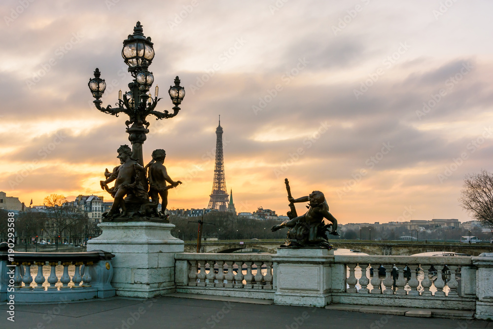 View of the Eiffel tower from the Pont Alexandre III at sunset with one of its Art Nouveau street lamp, ornamented with cherubs, in the foreground.