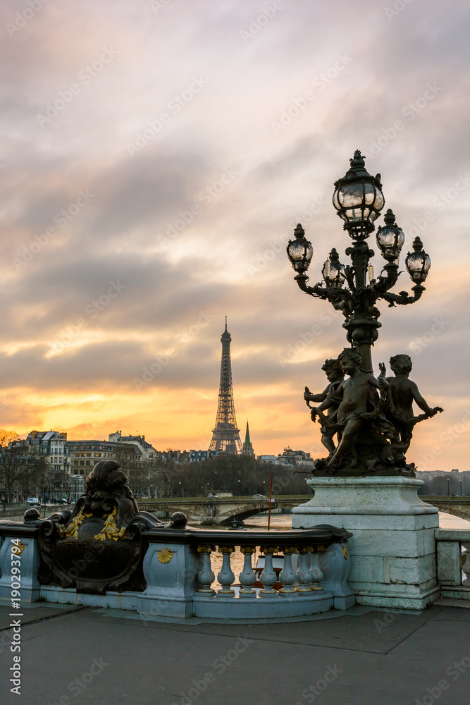 View of the Eiffel tower from the Pont Alexandre III at sunset with one of its Art Nouveau street lamp, ornamented with cherubs, in the foreground.