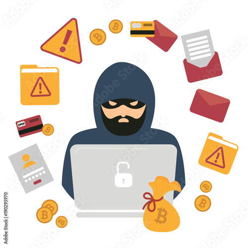 Hacker, laptop and bitcoin cryptocurrency robbery