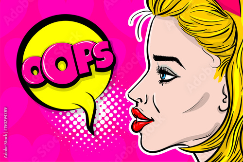 Blonde Woman pop art wow profile face. Pinup girl say oops speech bubble comic text. Balloon message box advertisement. Love kitsch fashion background. Vector heart illustration Valentines Day poster.