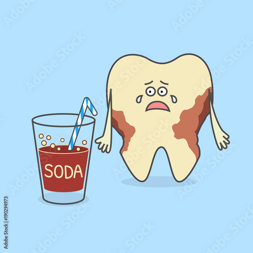 Cartoon tooth with a glass of soda and with decay or caries. Dental illustration. Teeth discoloration.