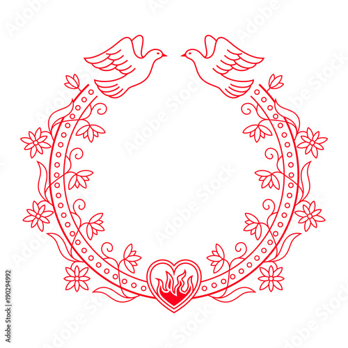 Valentine floral round frame with a heart, doves or pigeons in red color. "Happy Valentine's Day" card or Wedding background in linear style. Template with empty space for text.