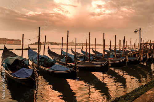 Gondolas of Venice in the morning light. Italy. © Angelov