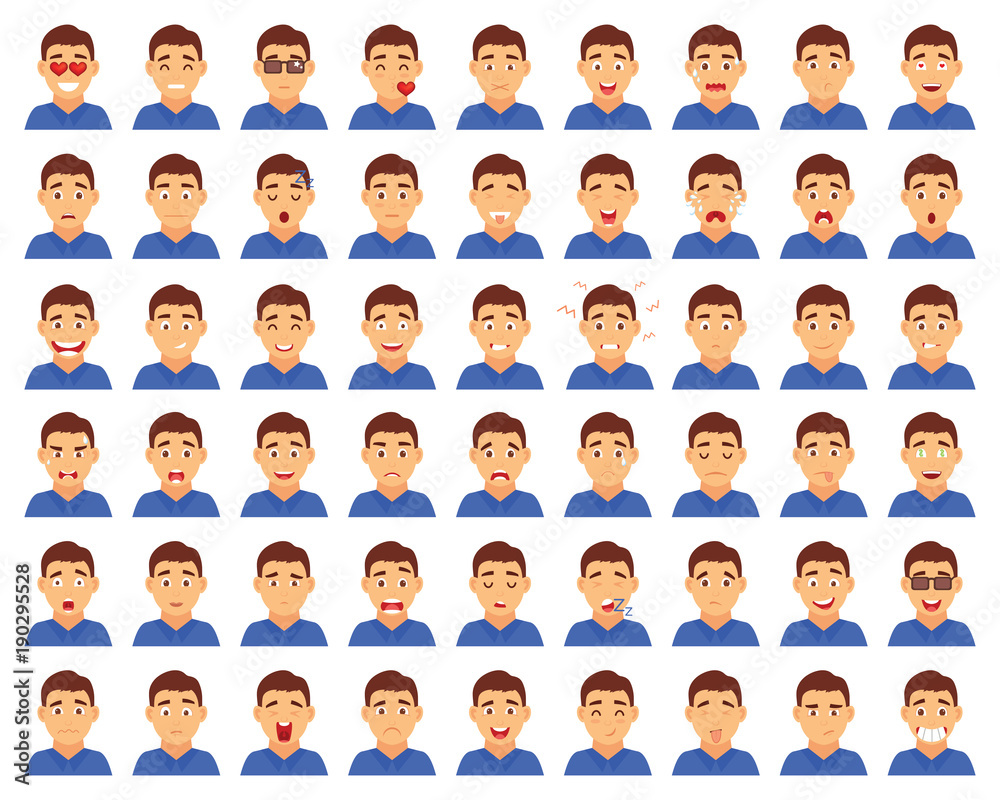 Set of male emoji characters. Cartoon style emotion icons. Isolated boys avatars with different facial expressions. Flat illustration men's emotional faces. Set of male emoji characters. Cartoon style emotion icons. Isolated boys avatars with different facial expressions. Flat illustration men's emotional faces.