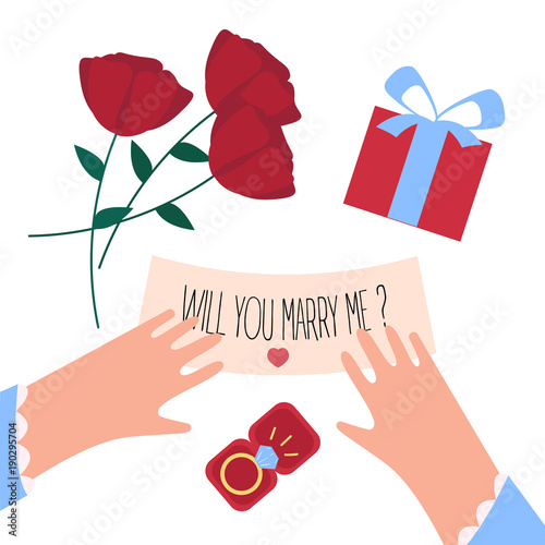 Female hands, will you marry me note and ring