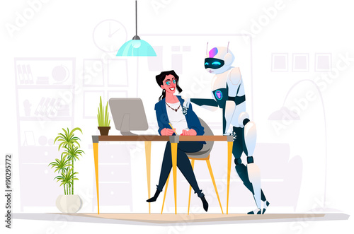 Business characters in different situation. Teamwork work with tobor. Cyber man in office life. Business process