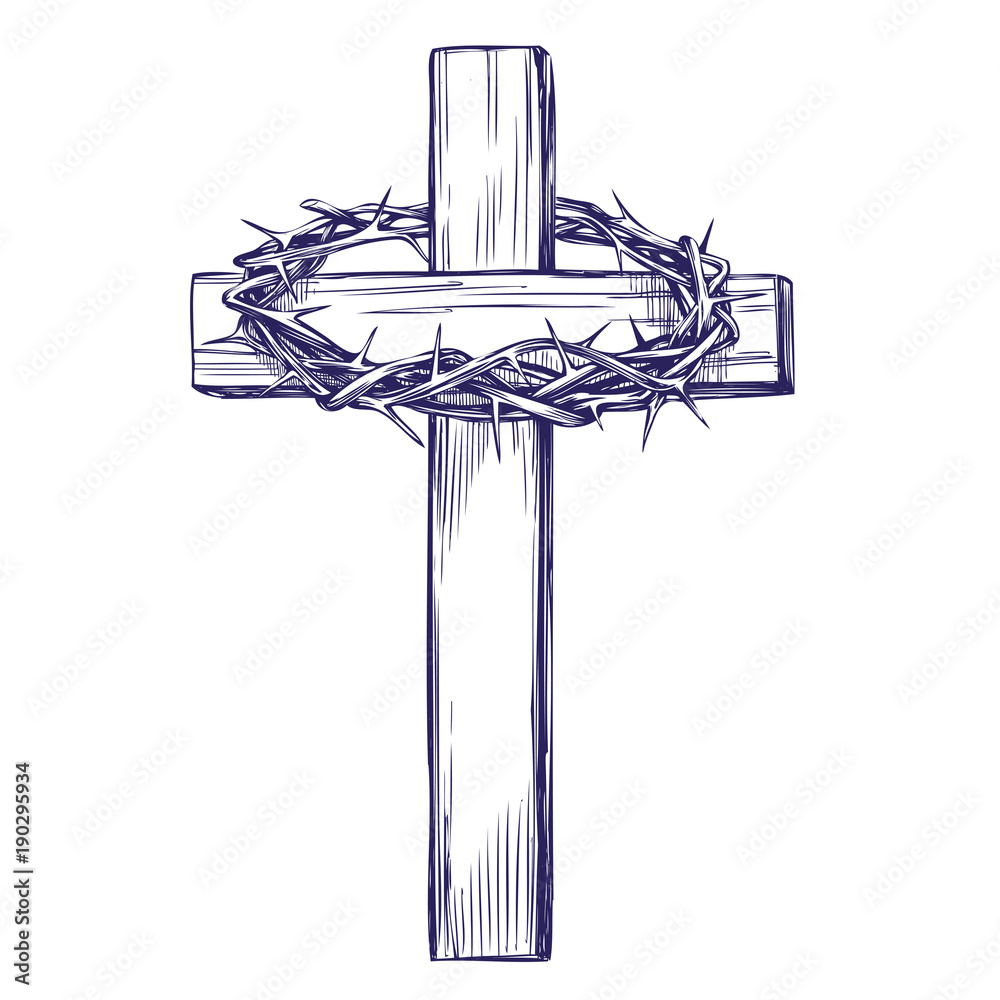 Fototapeta premium crown of thorns, wooden cross. Easter . symbol of Christianity hand drawn vector illustration sketch