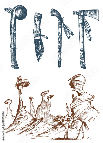 National American and Indian traditions. landscape with mountains and peaks. Mace and ceremonial pipe, Knife and Ax, chanunpa or tools and instruments. engraved hand drawn in old sketch.