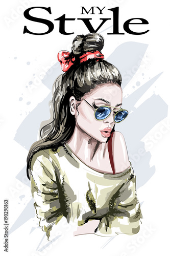 Hand drawn beautiful woman portrait. Fashion woman. Stylish lady with long hair. Cute girl in sunglasses with fashion hairstyle. Sketch.