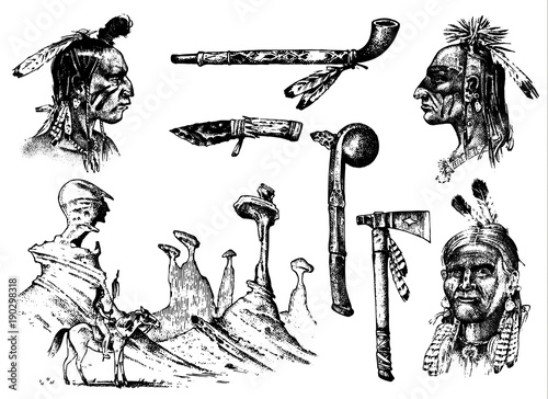 Indian traditions set. landscape with mountains. National American. Mace, feathers and Ax, chanunpa or tools. engraved hand drawn in old sketch. occultism, religion, spirituality, shamanism.