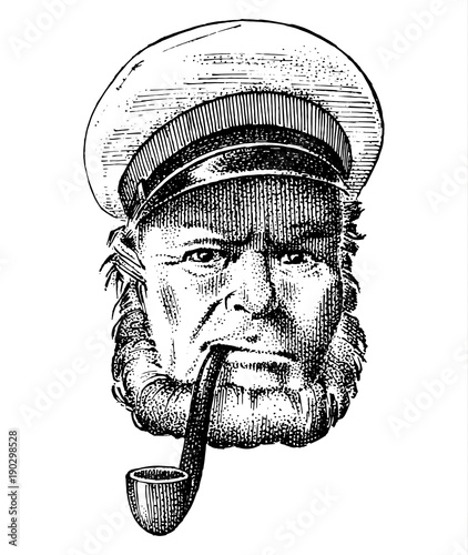 sea captain, marine old sailor with pipe or bluejacket, seaman with beard or men seafarer. travel by ship or boat. engraved hand drawn in old boho sketch.