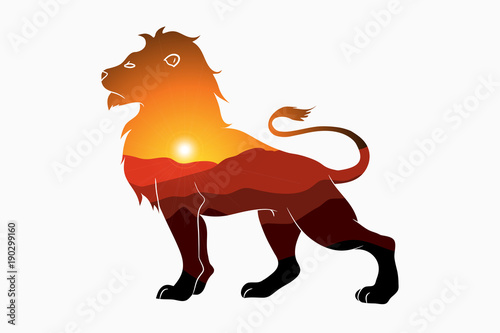 Lion and nature double exposure - animal silhouette with mountain landscape and sun. Modern trendy illustration for logo. Vector.