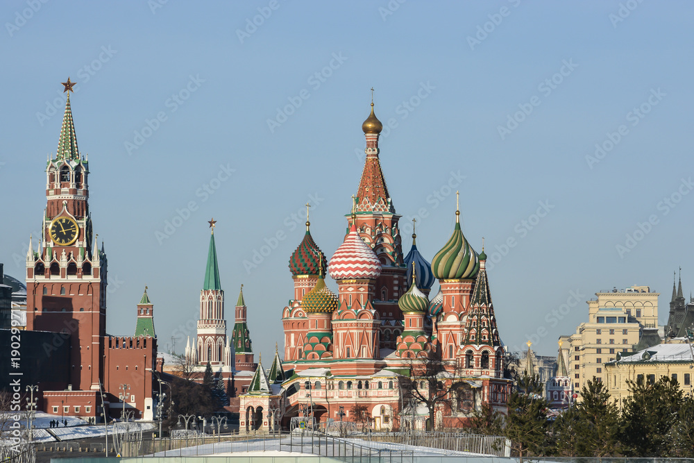 St. Basil's Cathedral and Spasskaya tower of the Moscow Kremlin.