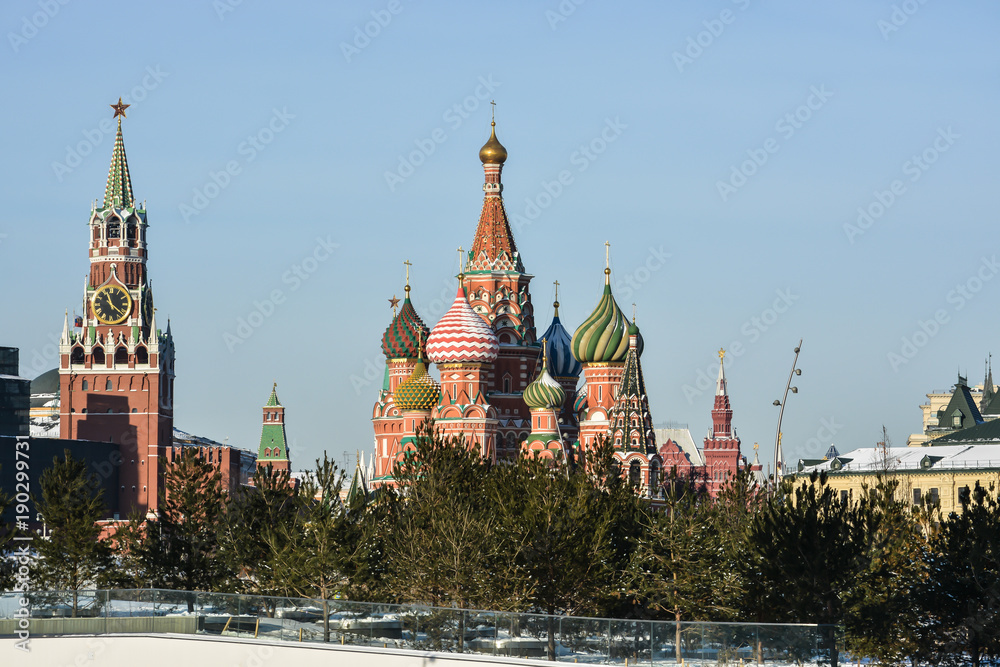 St. Basil's Cathedral and Spasskaya tower of the Moscow Kremlin.