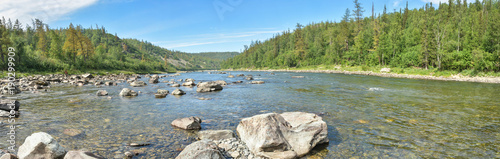 Panorama of the taiga river in the Polar Urals.