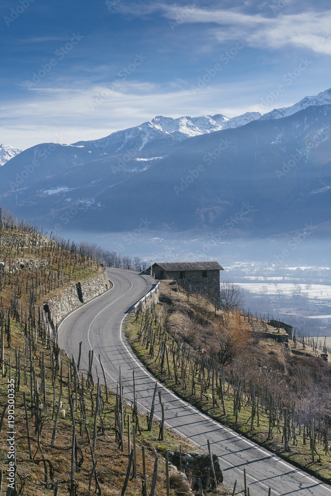 Swerving roads in Valtellina, a valley near Sondrio in the Lombardy region of northern Italy, bordering Switzerland