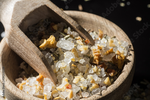 Macro collection, white sea salt mixed with italian herbs, rosemary and spices