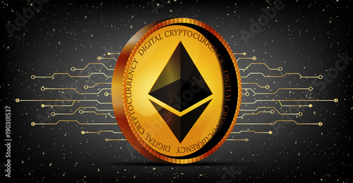 Ethereum golden coin space futuristic background. Modern dark design with lines in action.  Vector.
