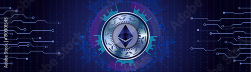 Ethereum silver coin space futuristic HUD background. Modern dark design with lines in action.  Vector.