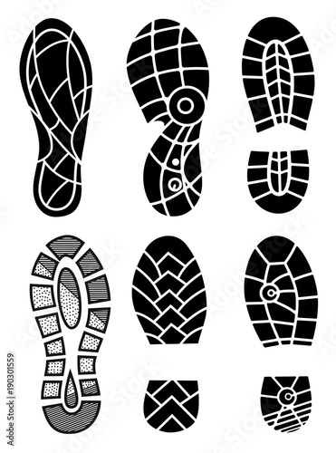 Footprint icons isolated on white background. Vector art. Collection of a imprint soles shoes. Footprint sport shoes big vector illustration set