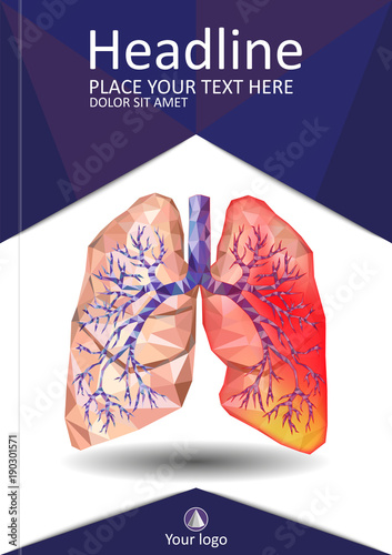 Cover template for books, banner, journal. Sick human realistic lungs and trachea in low poly. Pleurisy, an inflammation around the lungs. Vector.