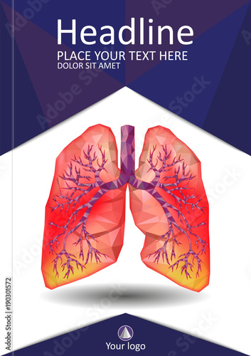 Cover template for books, banner, journal. Sick human realistic lungs and trachea in low poly. Pleurisy, an inflammation around the lungs. Vector.