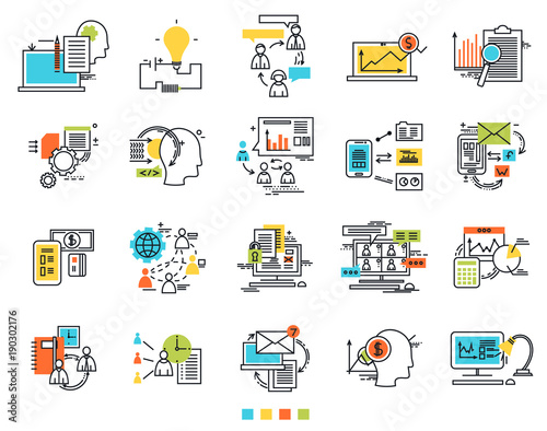 Icons for e-business. Engineering idea icons. Sosial media. The thin contour lines with color fills