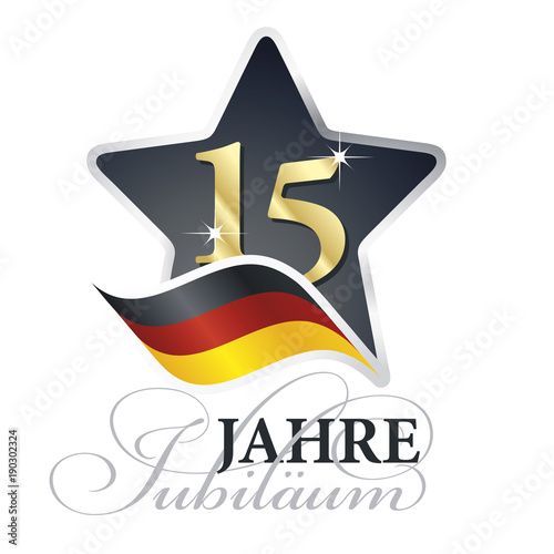 15 years anniversary (German language - 15 Jahre Jubiläum) isolated black star flag logo icon