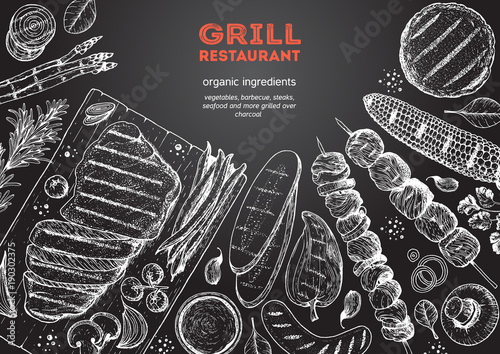 Grilled meat and vegetables top view frame. Vector illustration. Engraved design. Hand drawn illustration. Grill restaurant menu design template. Food on the grill.
