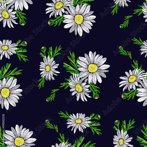 
Chamomiles embroidery vector seamless pattern design. Beautiful white chamomiles with green leaves,  on dark background. Template for clothes, textiles, t-shirt design