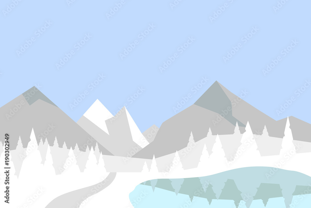 Flat vector landscape with silhouettes of trees, hills and mountains mirrored in a lake.