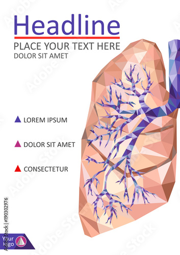 Cover template for books. Human realistic lung and trachea in low poly. Half lung. Vector.