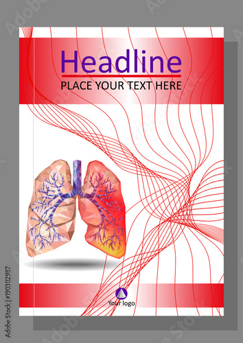 Cover template for books, banner, journal. Sick human realistic lungs and trachea in low poly. Line waves. Inflammation around one lung.  Vector.