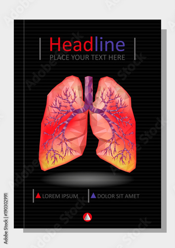 Cover template for books, banner, journal. Sick human realistic lungs and trachea in low poly. Pleurisy, an inflammation around both lungs.  Vector.