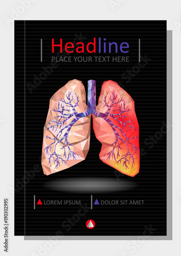 Cover template for books, banner, journal. Sick human realistic lungs and trachea in low poly. Pleurisy, an inflammation around one lung.  Vector.