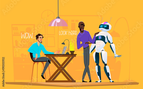 Business characters in different situation. Teamwork with robot. Men discuss business process with robot
