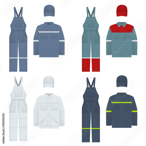 Vector illustration of men s overalls. Clothes in denim style, white, blue. Uniform for a worker, mechanic, driver, loader, mechanic.