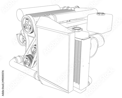 A turbocharged four-cylinder, high-performance engine for a sports car. Vector black and white illustration with a stroke of contours of details.