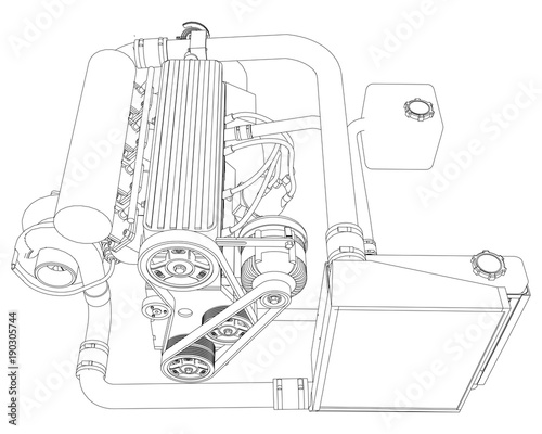 A turbocharged four-cylinder, high-performance engine for a sports car. Vector black and white illustration with a stroke of contours of details.