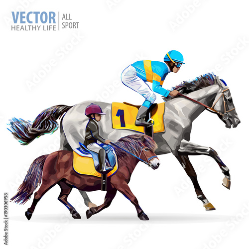 Jockey on horse. Boy riding a pony. Equestrian sport. Riding horse. Champion. Horse racing. Hippodrome. Racetrack. Jump racetrack. Isolated on a white background. Vector illustration.