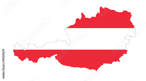 Republic of Austria flag in country silhouette. Landmass and borders as outline, within the banner of the nation in colors red and white. Isolated illustration on white background. Vector.