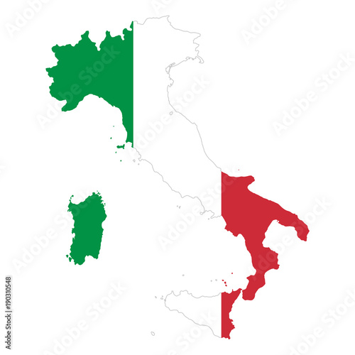 Italian Republic flag in country silhouette. Landmass and borders of Italy as outline, within the banner of the nation in colors green, white and red. Isolated illustration on white background. Vector