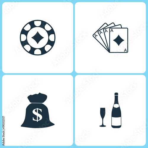 Vector Illustration Set Casino Icons. Elements of Gambling chips, Four Ace, Money bag and Champaign icon