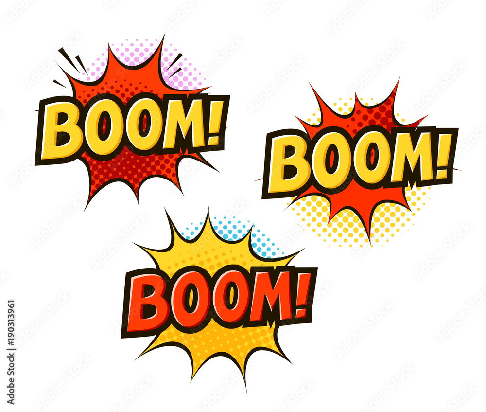 BOOM in pop art retro comic style. Cartoon slang vector illustration BOOM in pop art retro comic style. Cartoon slang vector illustration