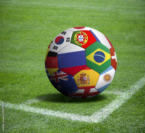Soccer ball with world countries flags white stadium

