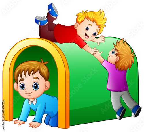 Children playing playground tunnel