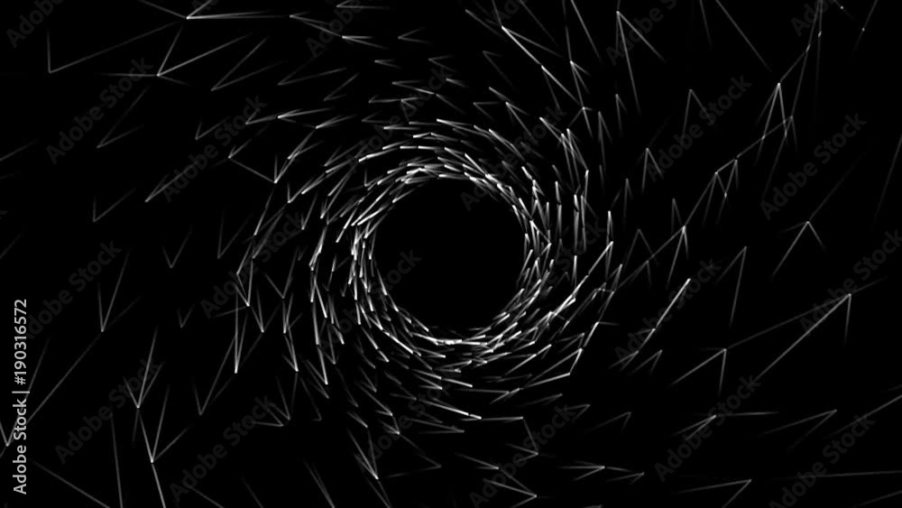 Abstract background with animation of white geometric shapesin and abstract futuristic tunnel with light. Animation of seamless loop. animation of rotation circles and rings with light rays and glow
