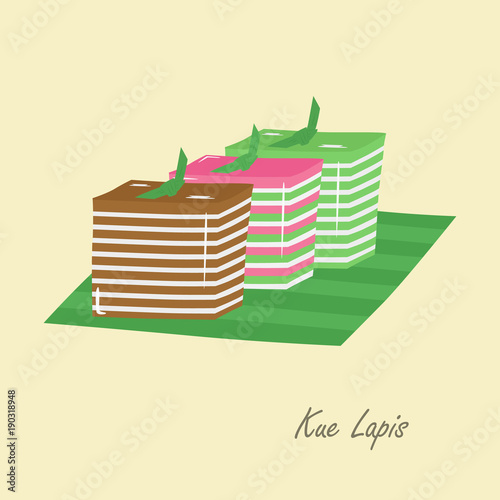 Kue Lapis, Indonesian colorful layered cake. Indonesian traditional dessert cartoon vector