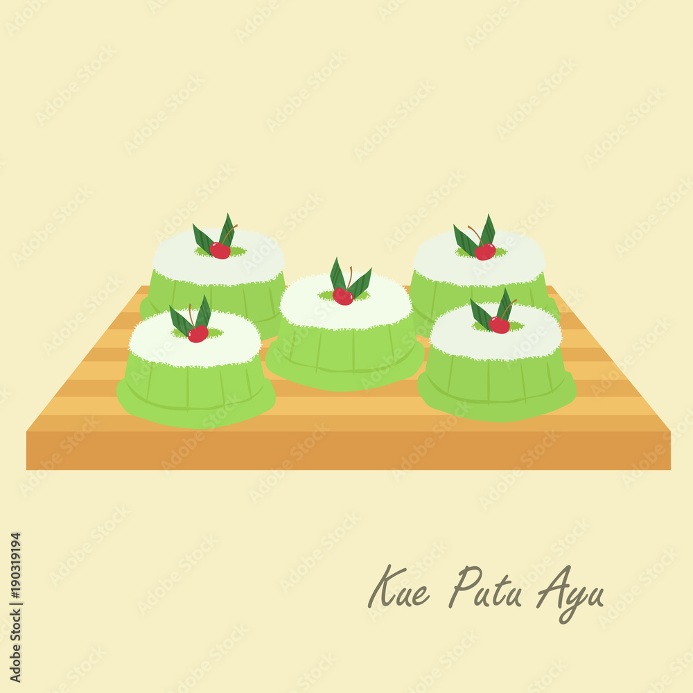 Naklejka premium Kue Putu Ayu with grated coconut on top, Indonesian traditional cake. Indonesian traditional dessert cartoon vector