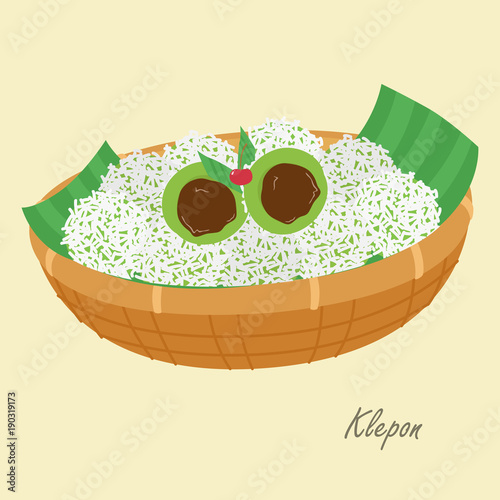 Klepon with grated coconut filled with liquid palm sugar, inside a plait bowl with a banana leaf, Indonesian traditional cake. Indonesian traditional dessert cartoon vector